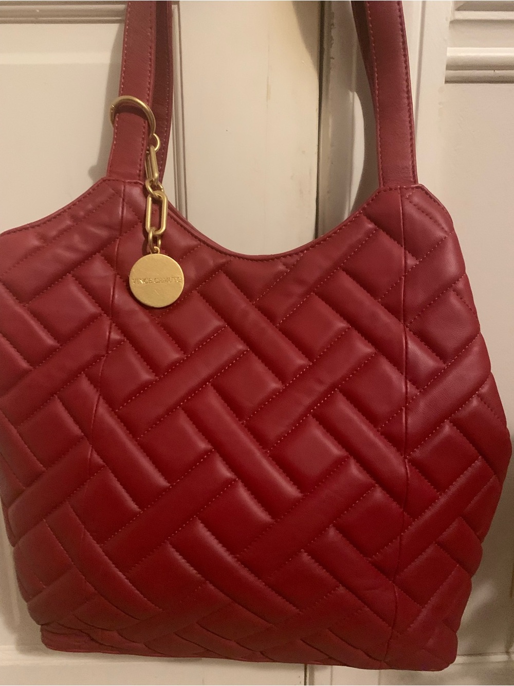 Vince Camuto Quilted Red Shoulder Bag with Gold Medallion